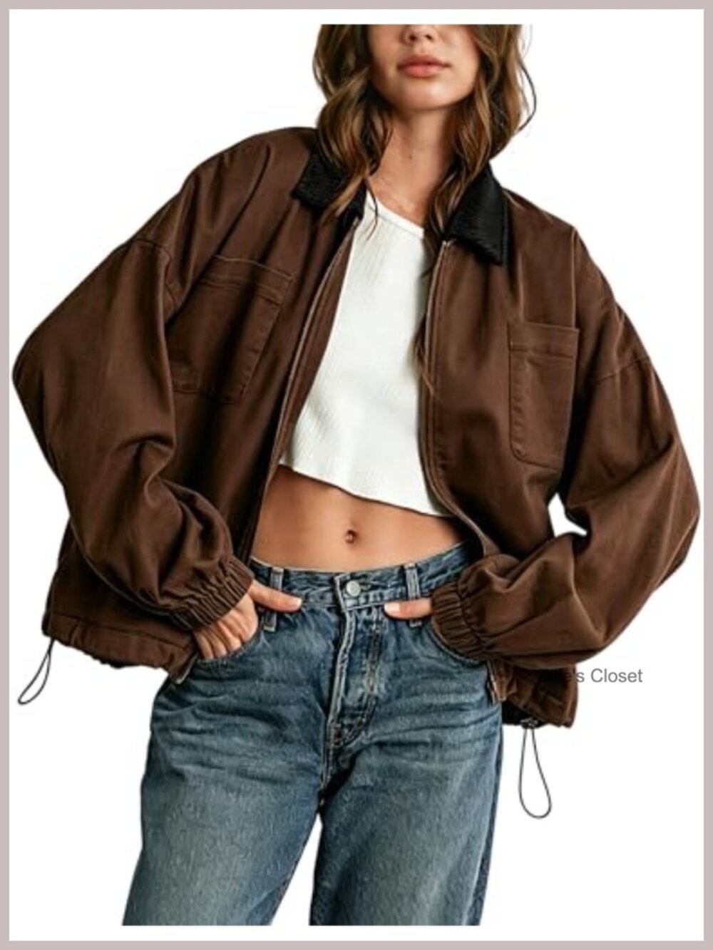 Women's Barn Jacket Corduroy Collar Zipper Utility Jacket Cinchable Hem